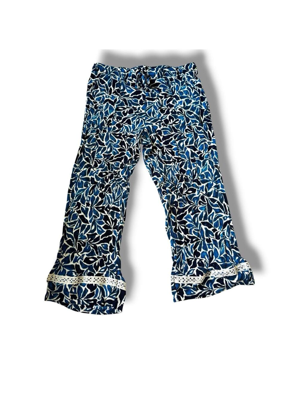 Robert Louis Pants Blue Botanical Pattern Women’s Large Flare With Pockets GC